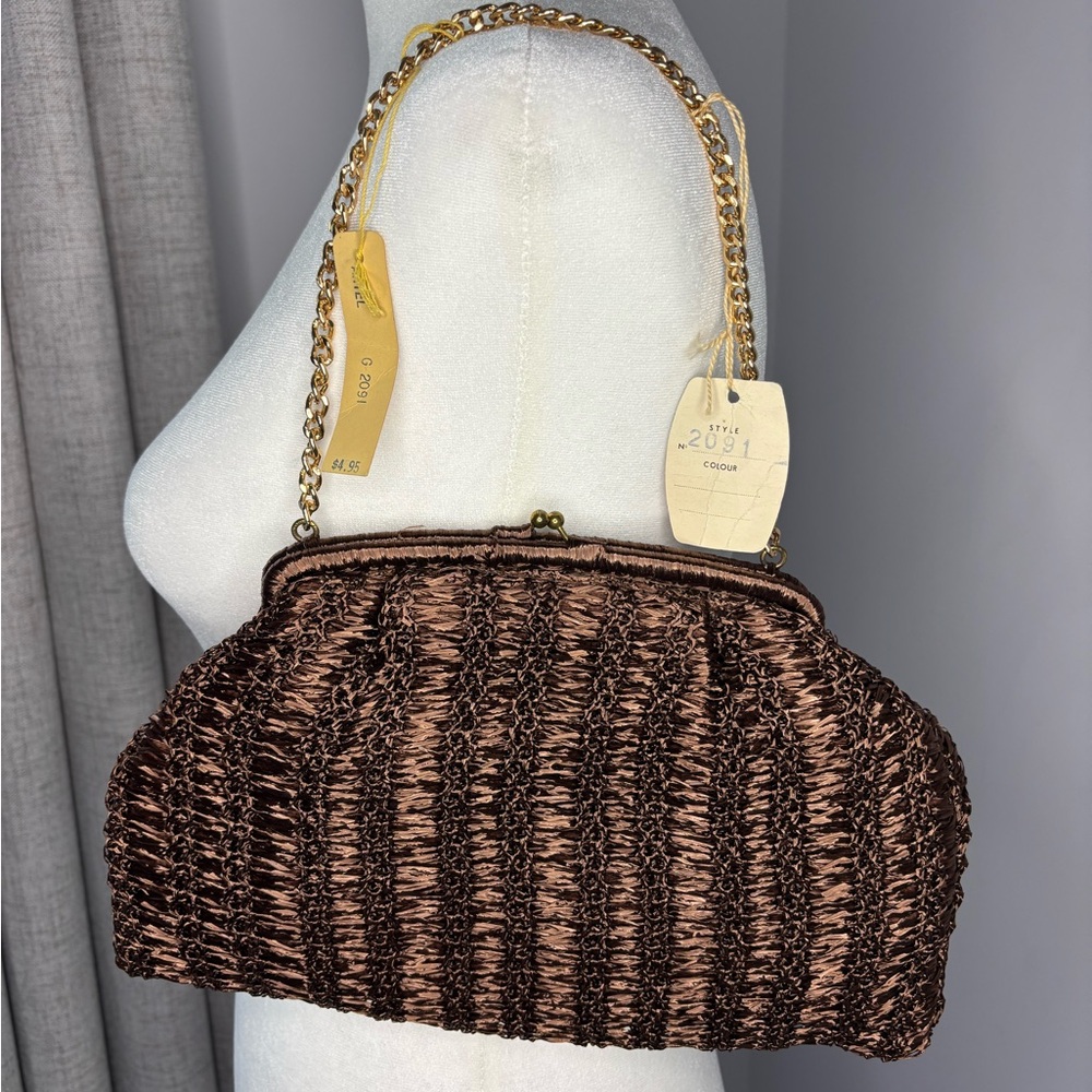 Chic Brown Woven Shoulder Bag with Gold Chain